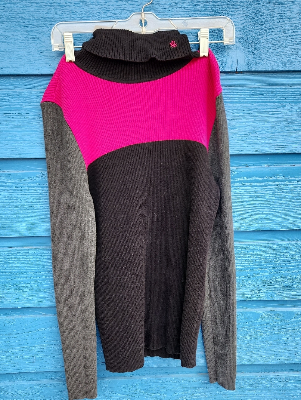 Lauren Ralph Lauren Colorblock Ribbed Turtleneck - Hot Pink, Black & Gray